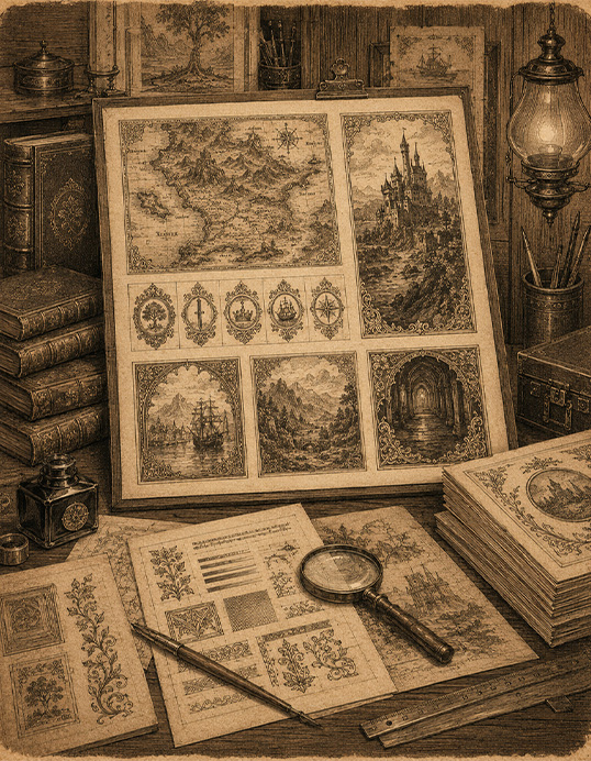 A vintage engraving of an illustrator's table with a map, castle scenes and other book illustrations laid out beside a magnifying glass